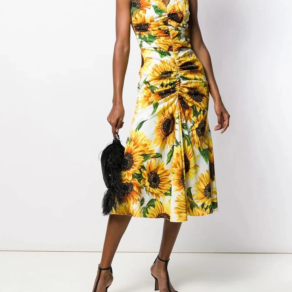 Dolce & Gabbana Sunflower Print Silk Midi Dress Ruched Size 0 - Picture 5 of 6